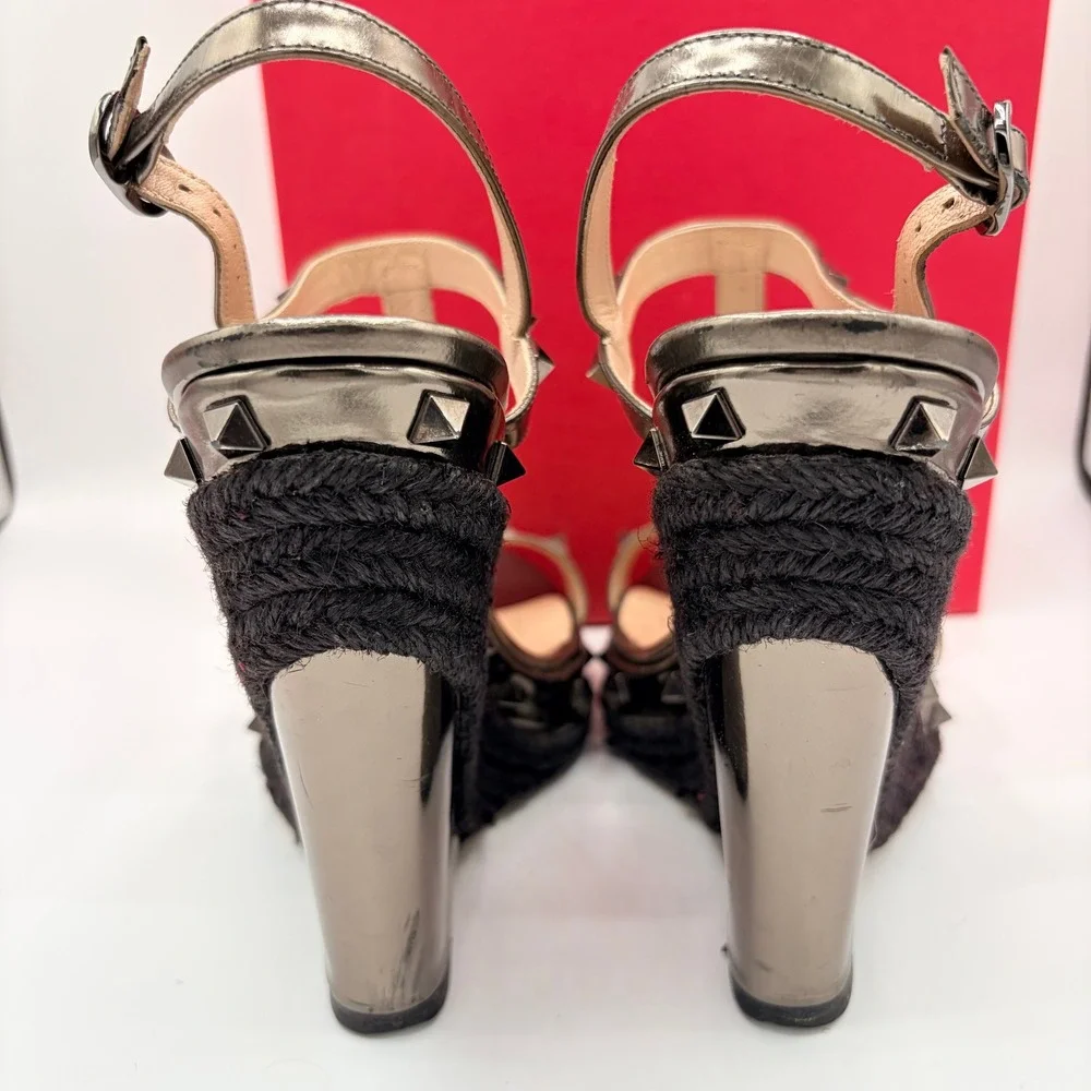 Valentino Rockstud Wedge Sandals 39.5 Gunmetal Metallic Espadrille Heels Box Bag - Picture 8 of 10